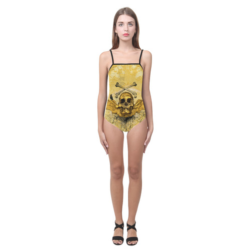Awesome skull in golden colors Strap Swimsuit ( Model S05)