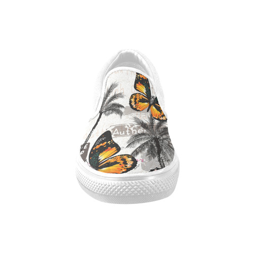 New in Shop! Vintage original shoes with butterfly and exotic palms illustration. 100 % hand-drawn e Slip-on Canvas Shoes for Men/Large Size (Model 019)