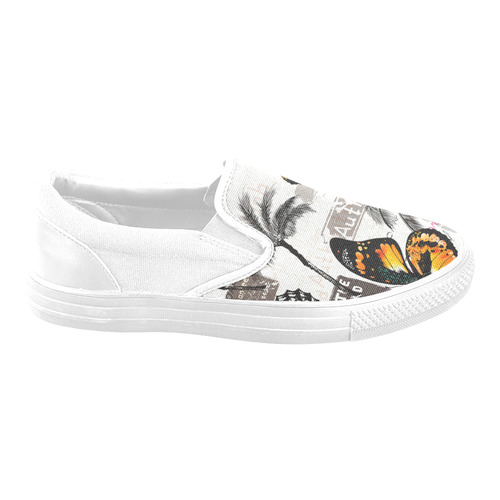 New in Shop! Vintage original shoes with butterfly and exotic palms illustration. 100 % hand-drawn e Slip-on Canvas Shoes for Men/Large Size (Model 019)