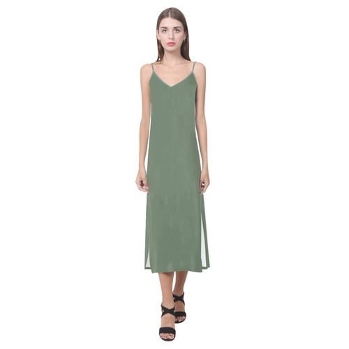 Vineyard Green V-Neck Open Fork Long Dress(Model D18)