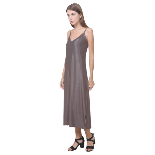 Deep Mahogany V-Neck Open Fork Long Dress(Model D18)