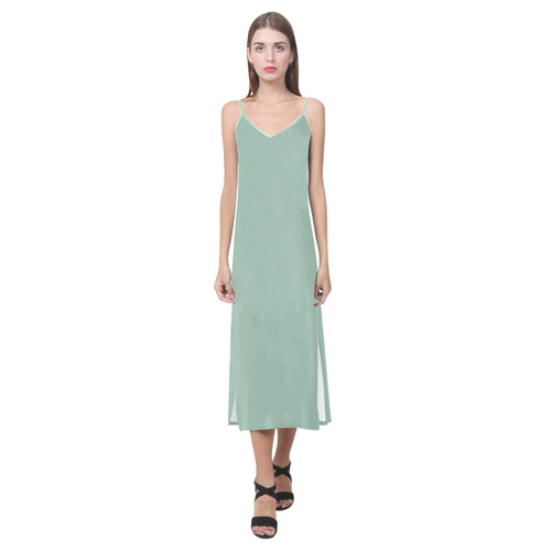 Grayed Jade V-Neck Open Fork Long Dress(Model D18)