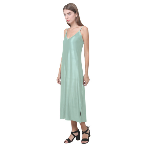 Grayed Jade V-Neck Open Fork Long Dress(Model D18)