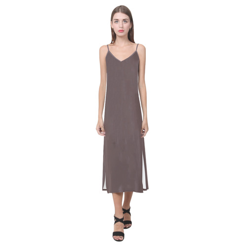 Deep Mahogany V-Neck Open Fork Long Dress(Model D18)