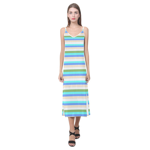 Beach Color Stripes of Sint Maarten V-Neck Open Fork Long Dress(Model D18)