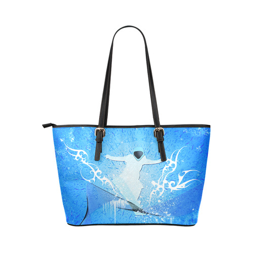 Snowboarder with snowflakes Leather Tote Bag/Small (Model 1651)