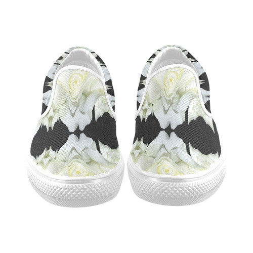 White Roses Abstract on Black Slip-on Canvas Shoes for Men/Large Size (Model 019)