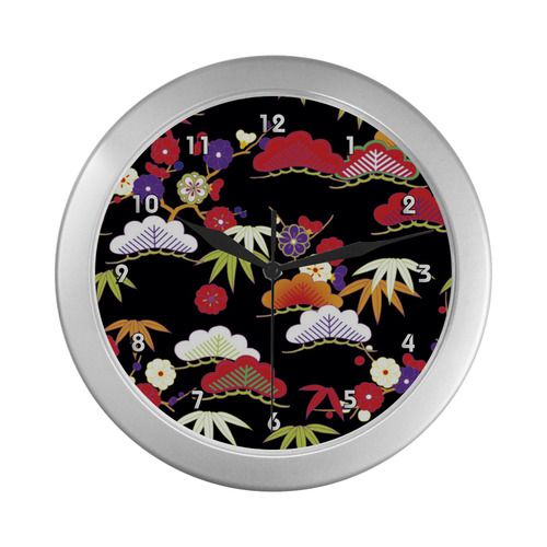 Winter Floral Vintage Japanese Kimono Silver Color Wall Clock