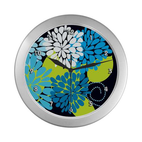 Blue Aqua Abstract Modern Floral Silver Color Wall Clock