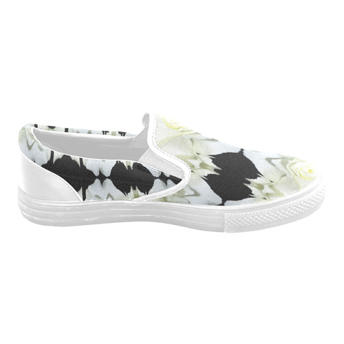 White Roses Abstract on Black Slip-on Canvas Shoes for Men/Large Size (Model 019)