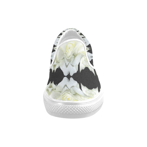 White Roses Abstract on Black Slip-on Canvas Shoes for Men/Large Size (Model 019)