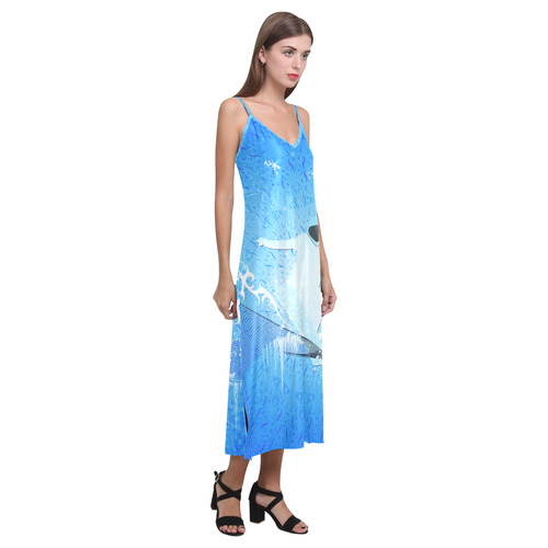 Snowboarder with snowflakes V-Neck Open Fork Long Dress(Model D18)