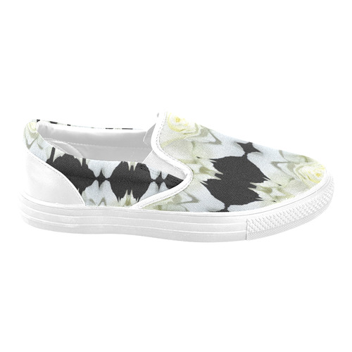 White Roses Abstract on Black Slip-on Canvas Shoes for Men/Large Size (Model 019)