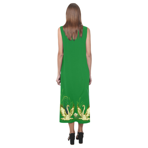 Lovely Swans & Flower Lily in a Pond Phaedra Sleeveless Open Fork Long Dress (Model D08)