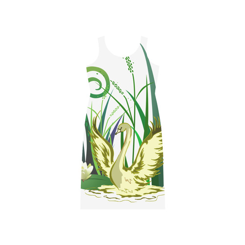 Lovely Swan  & Flower Lily in a Pond Phaedra Sleeveless Open Fork Long Dress (Model D08)