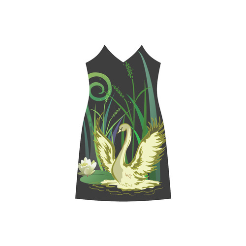 Lovely Swan  & Flower Lily in a Pond V-Neck Open Fork Long Dress(Model D18)