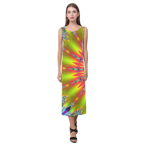 Fractal Kaleidoscope Mandala Flower Abstract 21 Phaedra Sleeveless Open Fork Long Dress (Model D08)