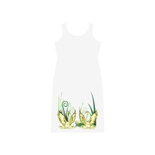 Lovely Swans & Flower Lily  in a Pond Phaedra Sleeveless Open Fork Long Dress (Model D08)