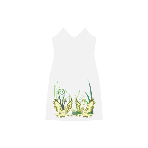 Lovely Swans  & Flower Lily in a Pond V-Neck Open Fork Long Dress(Model D18)