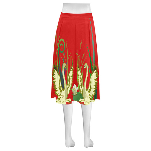 Lovely Swans  & Flower Lily in a Pond Mnemosyne Women's Crepe Skirt (Model D16)