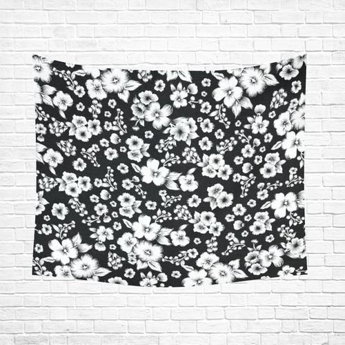 Fine Flowers Pattern Solid Black White Cotton Linen Wall Tapestry 60"x 51"