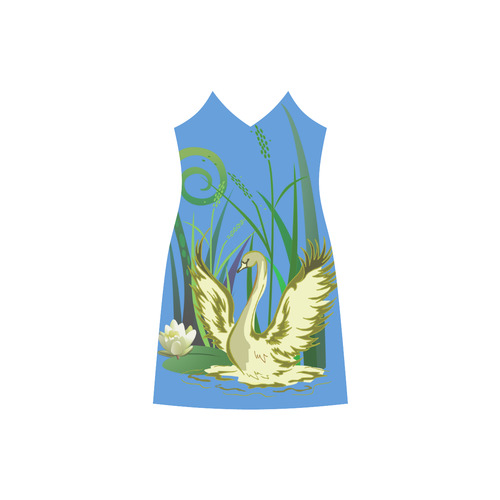 Lovely Swan  & Flower Lily in a Pond V-Neck Open Fork Long Dress(Model D18)