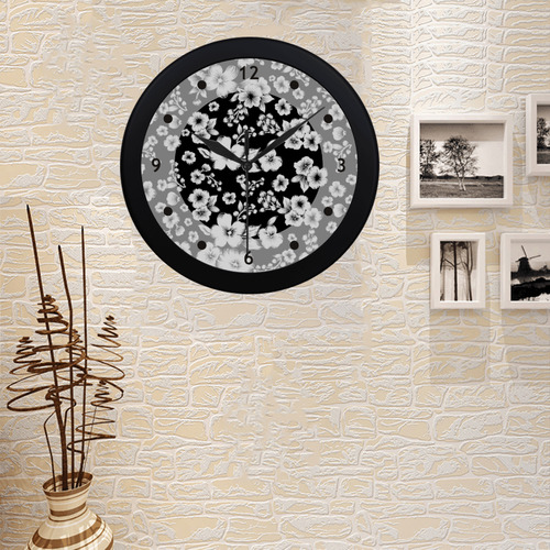 Fine Flowers Pattern Solid Black White Circular Plastic Wall clock