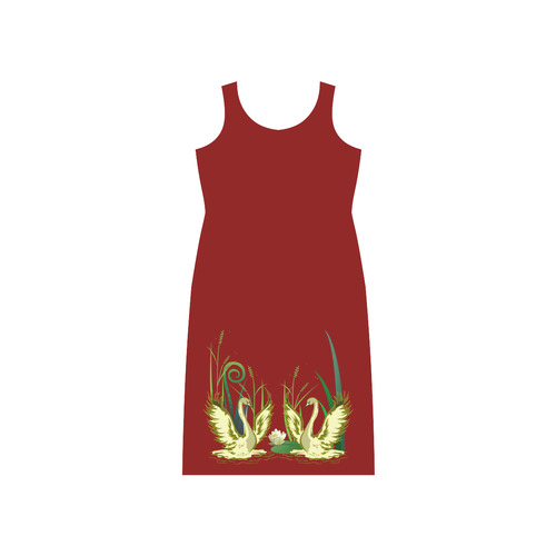 Lovely Swans & Flower Lily in a Pond Phaedra Sleeveless Open Fork Long Dress (Model D08)