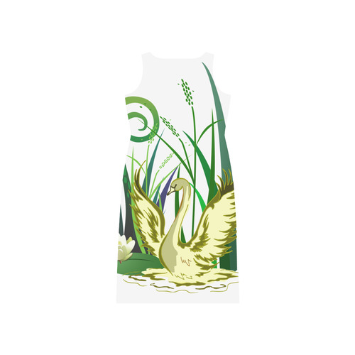 Lovely Swan  & Flower Lily in a Pond Phaedra Sleeveless Open Fork Long Dress (Model D08)