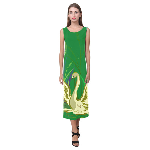 Lovely Swan  & Flower Lily in a Pond Phaedra Sleeveless Open Fork Long Dress (Model D08)