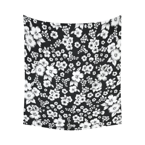Fine Flowers Pattern Solid Black White Cotton Linen Wall Tapestry 60"x 51"