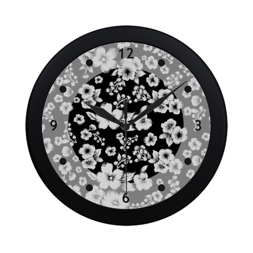 Fine Flowers Pattern Solid Black White Circular Plastic Wall clock