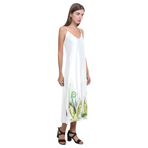 Lovely Swans  & Flower Lily in a Pond V-Neck Open Fork Long Dress(Model D18)