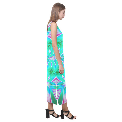 Fractal Kaleidoscope Mandala Flower Abstract 24 Phaedra Sleeveless Open Fork Long Dress (Model D08)