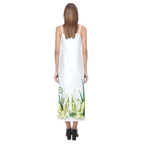 Lovely Swans  & Flower Lily in a Pond V-Neck Open Fork Long Dress(Model D18)