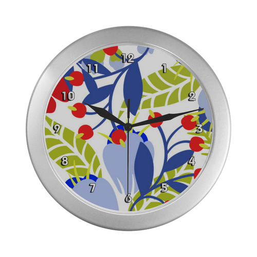 Colorful Red Blue Modern Floral Pattern Silver Color Wall Clock