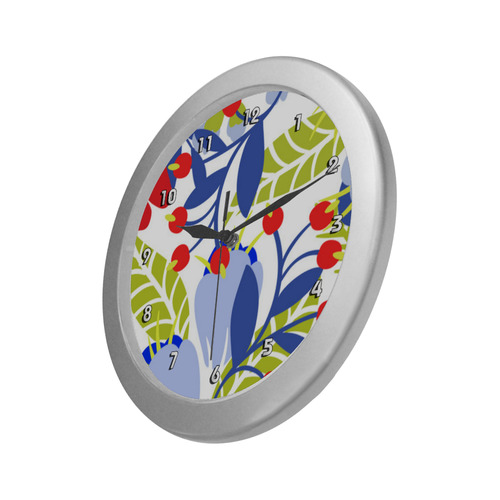 Colorful Red Blue Modern Floral Pattern Silver Color Wall Clock