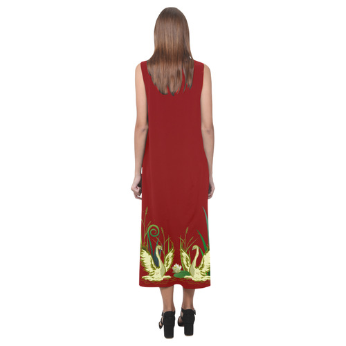 Lovely Swans & Flower Lily in a Pond Phaedra Sleeveless Open Fork Long Dress (Model D08)