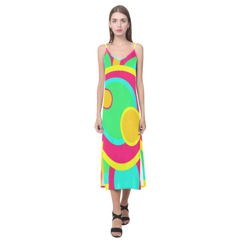 Vivid Circles V-Neck Open Fork Long Dress(Model D18)