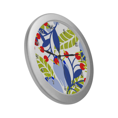 Colorful Red Blue Modern Floral Pattern Silver Color Wall Clock