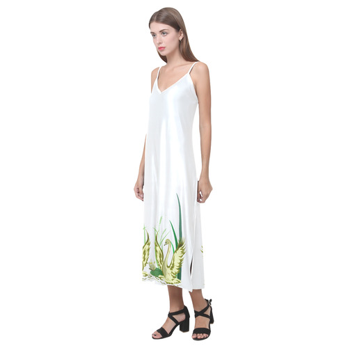 Lovely Swans  & Flower Lily in a Pond V-Neck Open Fork Long Dress(Model D18)