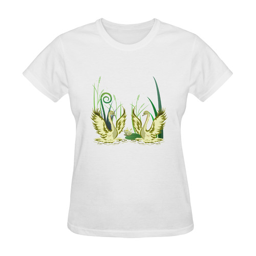 Lovely Swans  & Flower Lily in a Pond Sunny Women's T-shirt (Model T05)