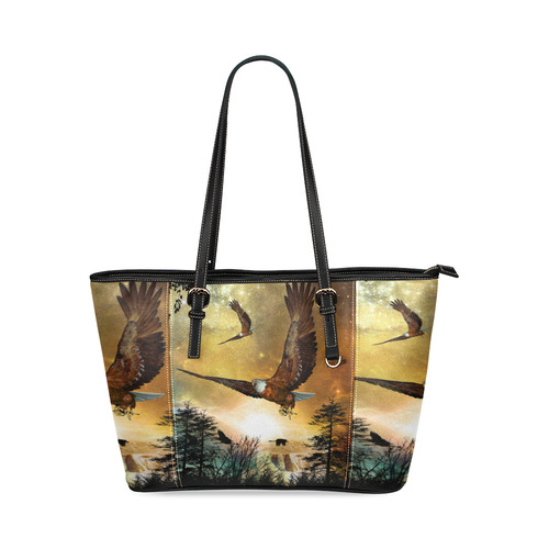 Awesome flying eagle Leather Tote Bag/Small (Model 1640)