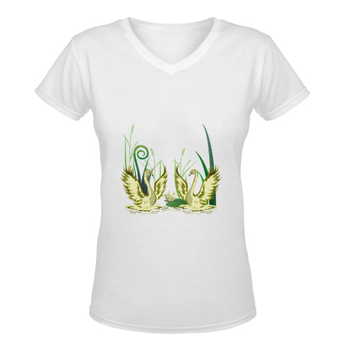 Lovely Swans  & Flower Lily in a Pond Women's Deep V-neck T-shirt (Model T19)