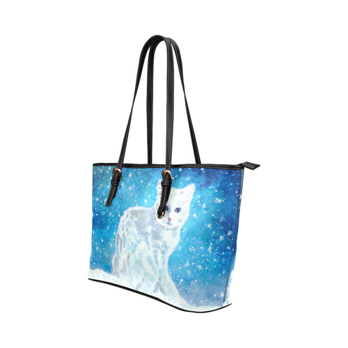 Abstract cute white cat Leather Tote Bag/Large (Model 1651)