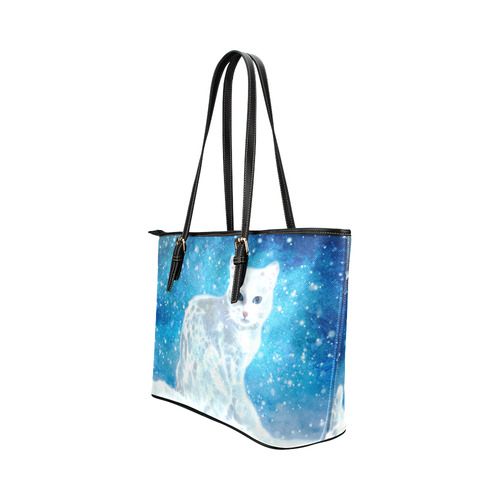 Abstract cute white cat Leather Tote Bag/Large (Model 1651)