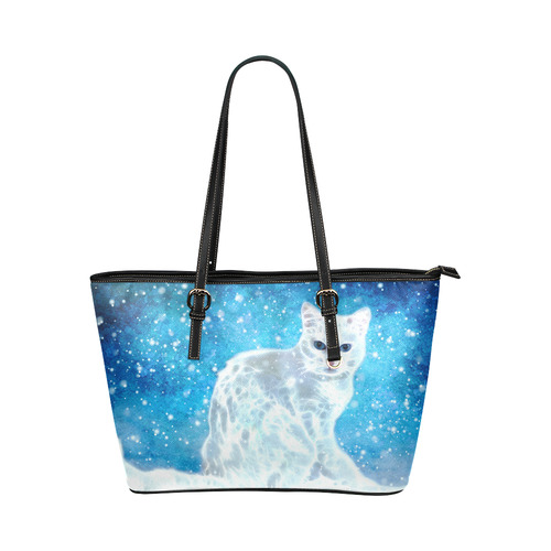 Abstract cute white cat Leather Tote Bag/Large (Model 1651)