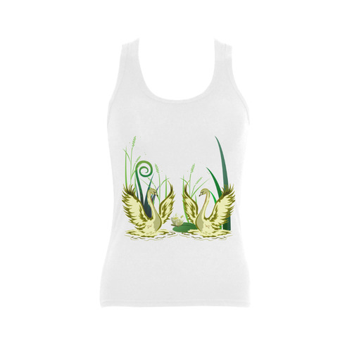 Lovely Swans  & Flower Lily in a Pond Women's Shoulder-Free Tank Top (Model T35)