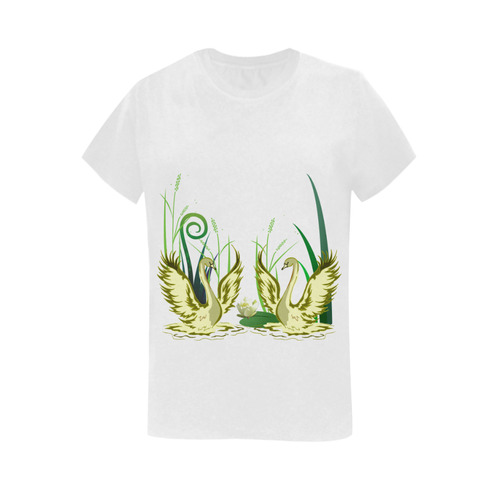 Lovely Swans  & Flower Lily in a Pond Women's T-Shirt in USA Size (Two Sides Printing)