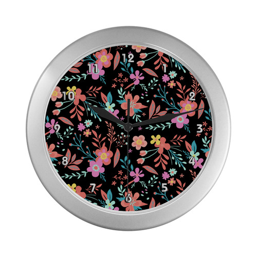 Cute Vintage Floral Pink Orange Aqua Silver Color Wall Clock